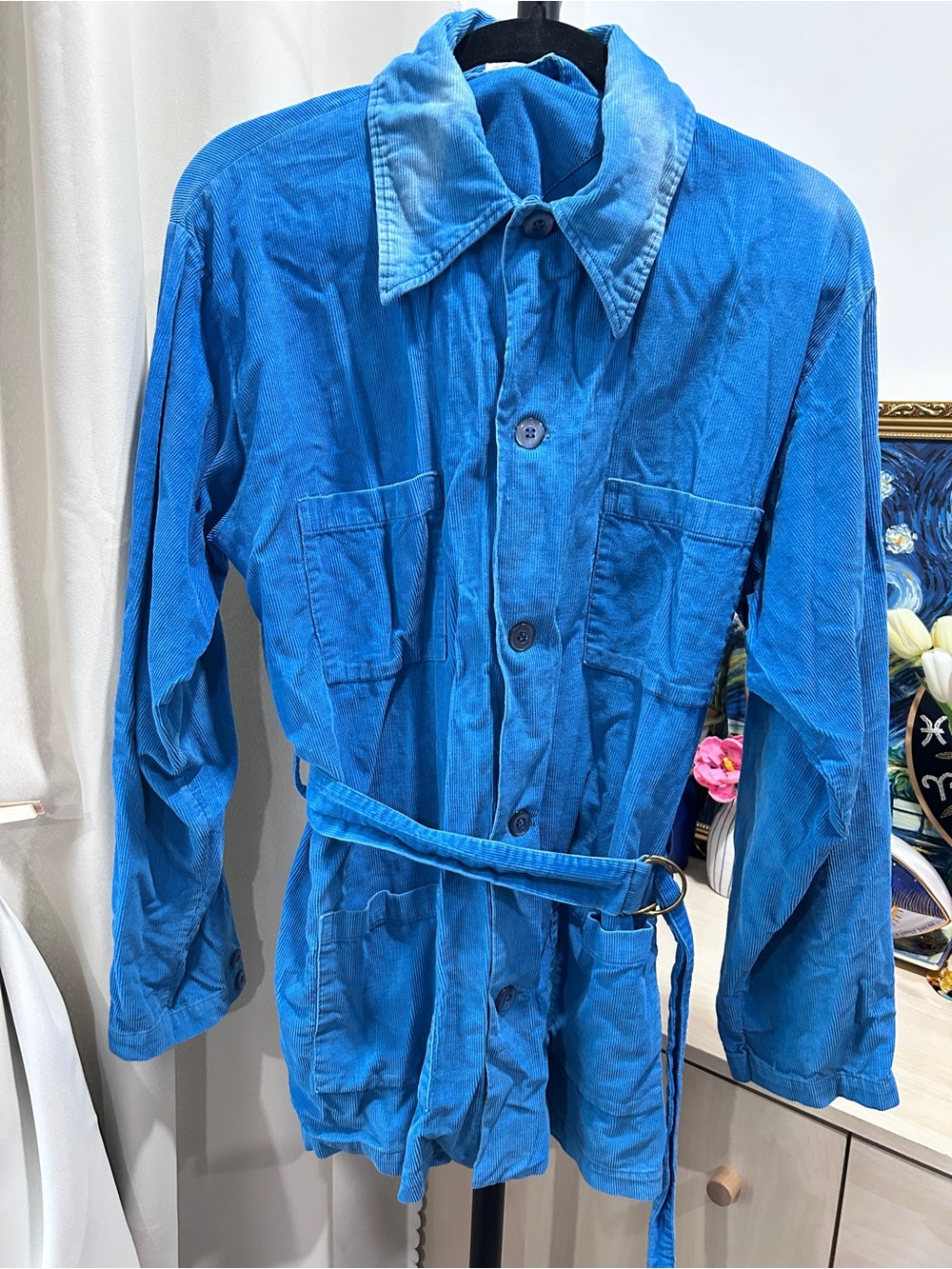 Vintage Diplomat women blue belted button-front corduroy field Jacket size L